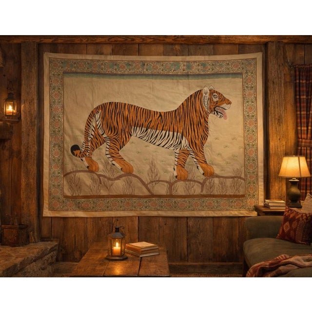Add timeless wildlife elegance to your space with this vintage Indian tiger wall hanging, hand crafted silk embroidery on...