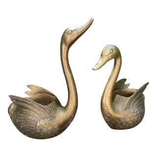 Mid Century Jumbo Brass Swan Sculptural Planters - a Pair For Sale