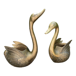 Mid Century Jumbo Brass Swan Sculptural Planters - a Pair