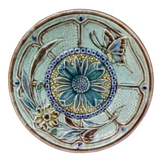 Majolica Flowers & Butterfly Plate Wasmuel Circa 1890 For Sale