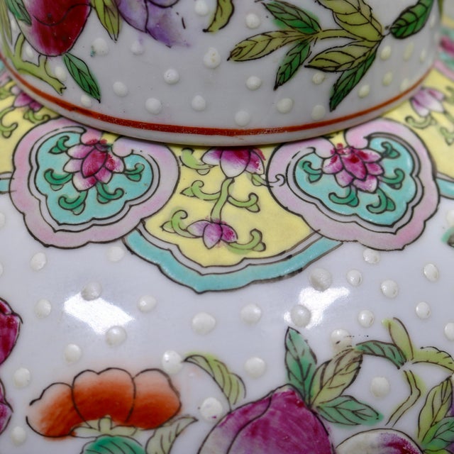 Ceramic Vintage Hand-Painted Chinese Famille Rose Porcelain Ginger Jar With Lid – Large Peach & Floral Pattern For Sale - Image 7 of 13