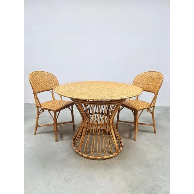 Vintage Round Rattan & Bamboo Dining Set, 1960s, Set of 3 For Sale - Image 4 of 6