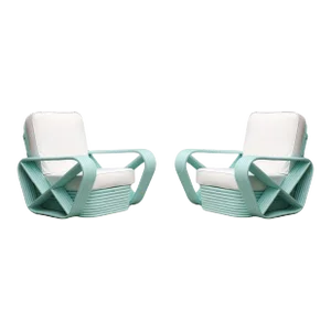 1930s Restored Pair of Teal Square Pretzel Stacked Rattan Lounge Chairs in Style of Frankl
