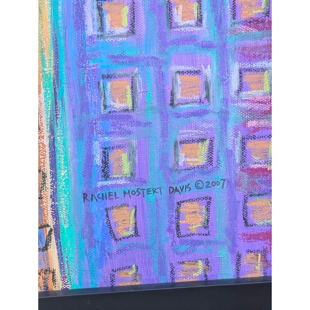 Blue Original Cityscape Skyline Oil Pastel Art Framed For Sale - Image 8 of 12