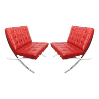 Contemporary Pair of Barcelona Style Ferrari Red Leather & Chrome Lounge Chairs For Sale