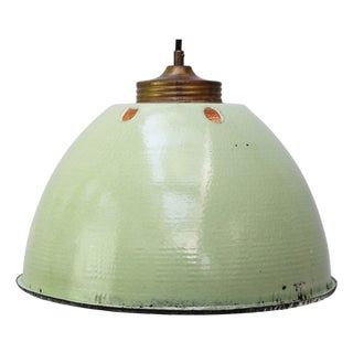 Vintage Brass and Green Enamel Pendant Light with Frosted Glass For Sale