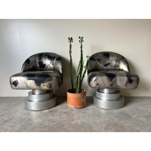 For your consideration we are presenting for sale this stunning 1980's Karl Springer - style Postmodern swivel lounge...