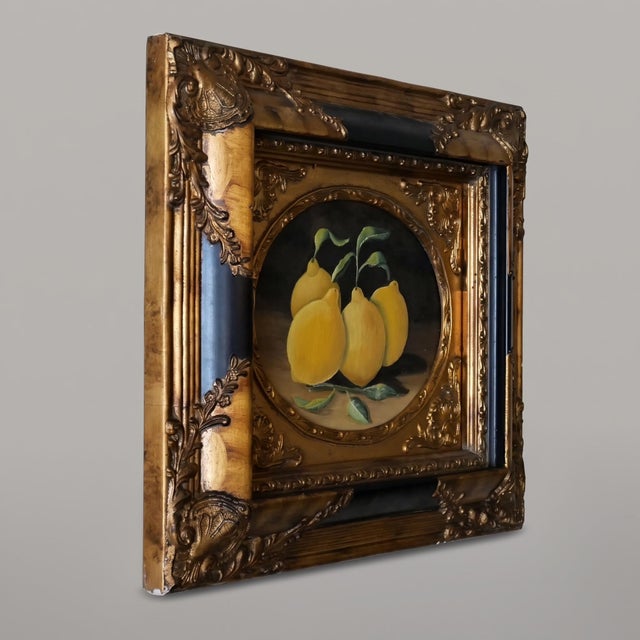 An elegant still life depicting a group of lemons with delicately unfurled leaves, arranged on a ledge and set against a...