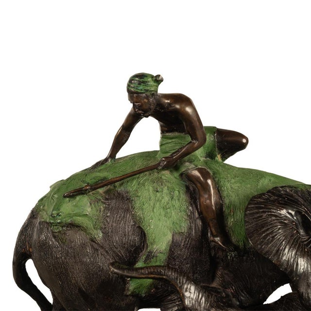 Antique Cast Bronze Elephant Hunt Scene With Lion Antonio Amorgasti Belgium 1925 For Sale - Image 13 of 15