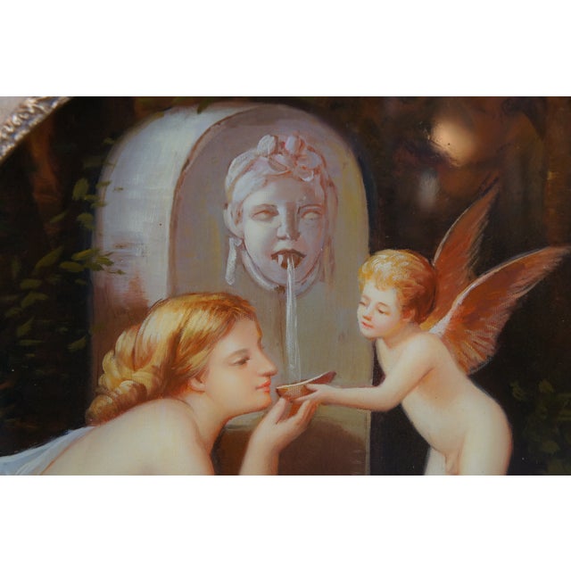 Mid 20th Century At the Fountain Cupid Angel of Love Oval Oil Painting After Henri Pierre Picou For Sale - Image 4 of 12