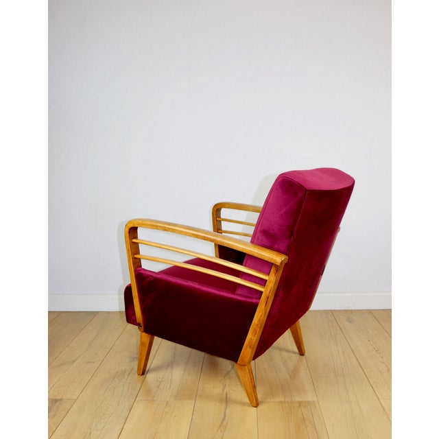 Wood Vintage Art Deco Loft Armchair in Raspberry, 1960s For Sale - Image 7 of 13