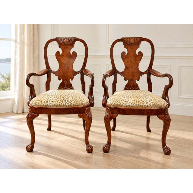 Vintage Queen Anne Burl Walnut Dining Chairs With Leopard Velvet Seats — Set of 8 For Sale - Image 18 of 18