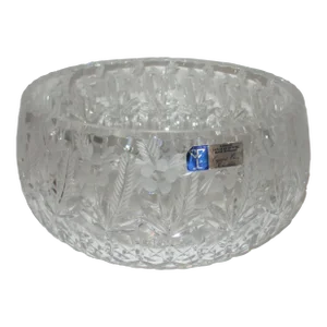 1980s Crystal Clear Industries Cut Glass Engrave Flowers & Crosshatch Large Bowl