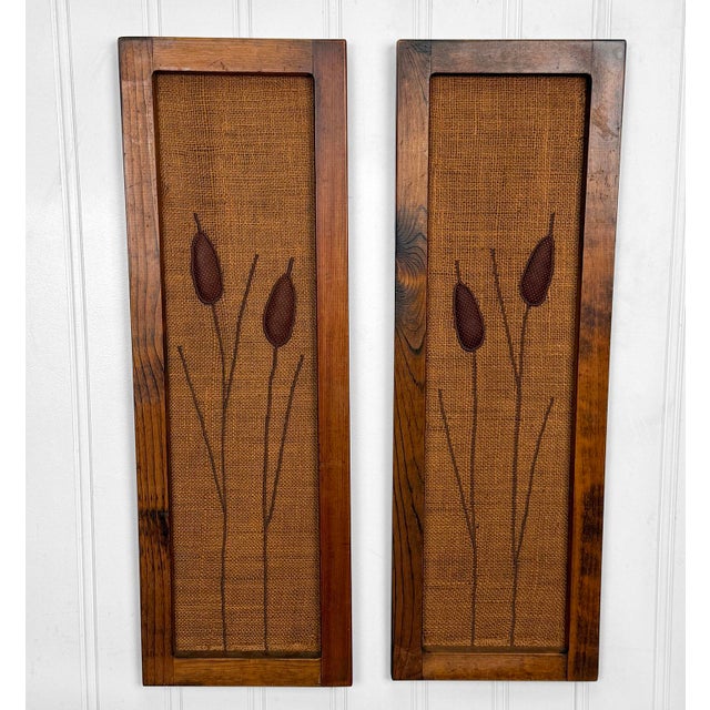 Mid-Century Embroidered Burlap Cattail Framed Wall Art - A Pair For Sale - Image 4 of 11
