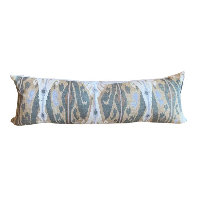 Raw Silk Ikat Long Lumbar Decorative Pillow in Green, Tan For Sale