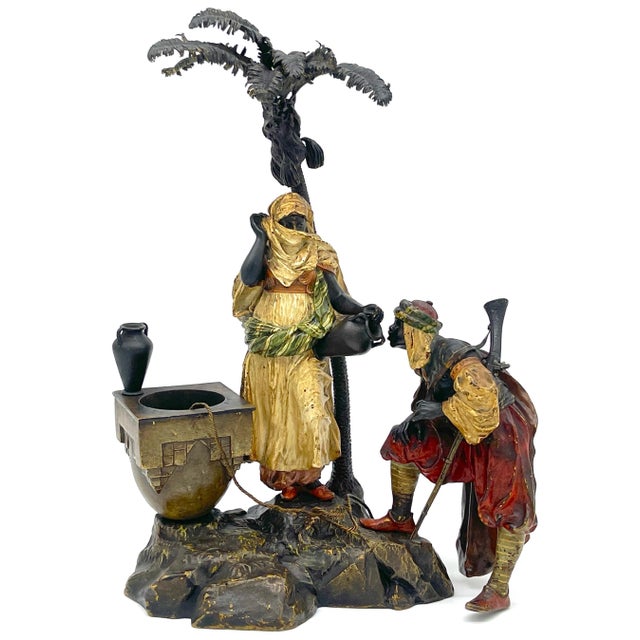 Early 20th Century Austrian Cold Painted Bronze Bedouin Maiden & Attendant at Well, Franz Bergman For Sale - Image 5 of 12