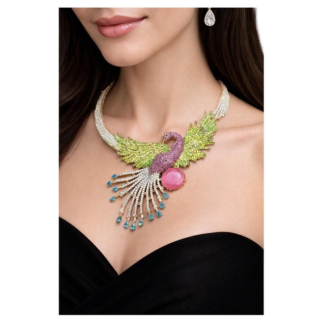 Bochic “Capri” Vintage Ruby, Sapphire & Garant Peacock Necklace Set In 18K & Sil For Sale - Image 4 of 8