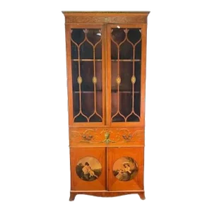 English Satinwood Painted Bureau Bookcase