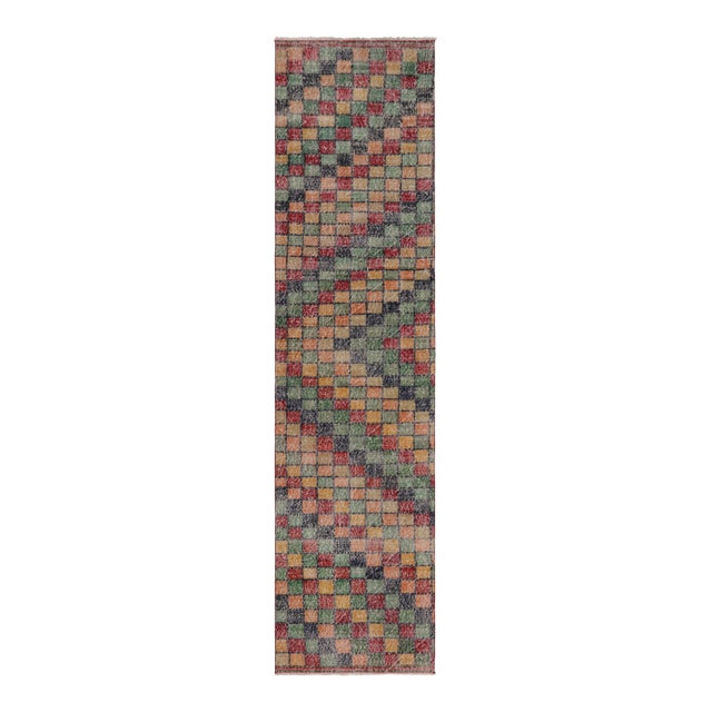 Vintage Distressed Runner Rug, Mosaic Multicolor Geometric Design - Rug & Kilim For Sale
