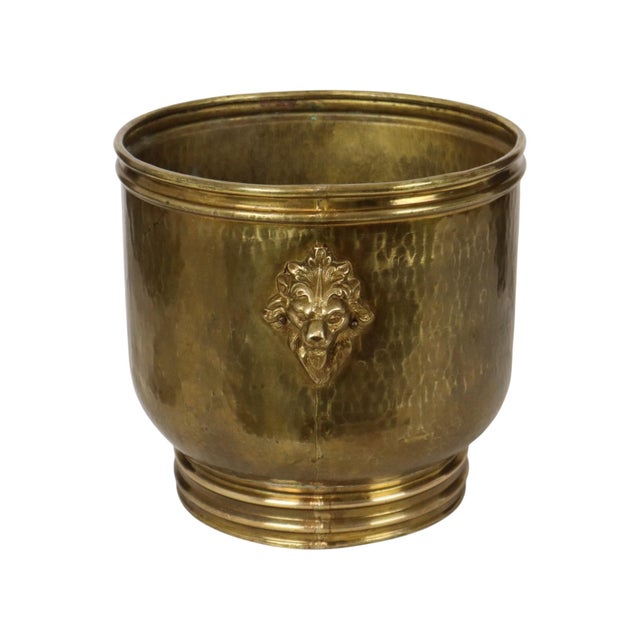 Large Hammered Brass Jardinière Planter with Lion Heads For Sale - Image 13 of 16