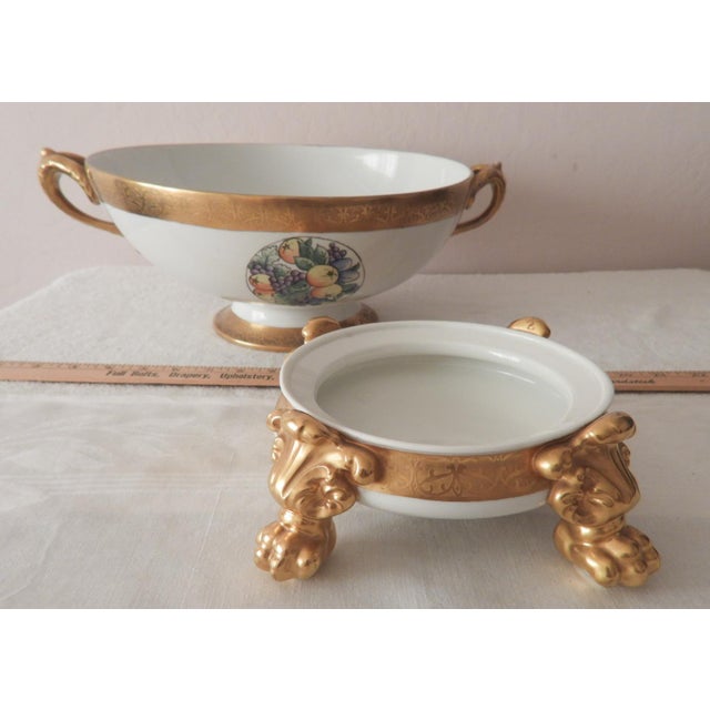 This marvelous Limoges/Nippon punch bowl and pedestal are created in gorgeous white porcelain with large ribbons of gold...