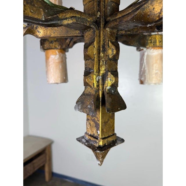 Wood Spanish Hand-Forged Iron Chandelier, Rustic Style, Six Lights, 1930s For Sale - Image 7 of 9