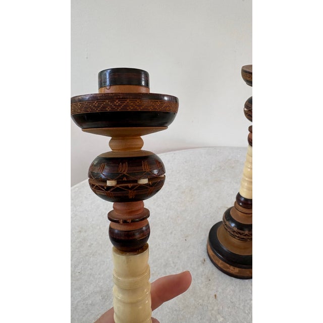 Vintage Indonesian Turned Wood & Bone Candlesticks For Sale - Image 4 of 7