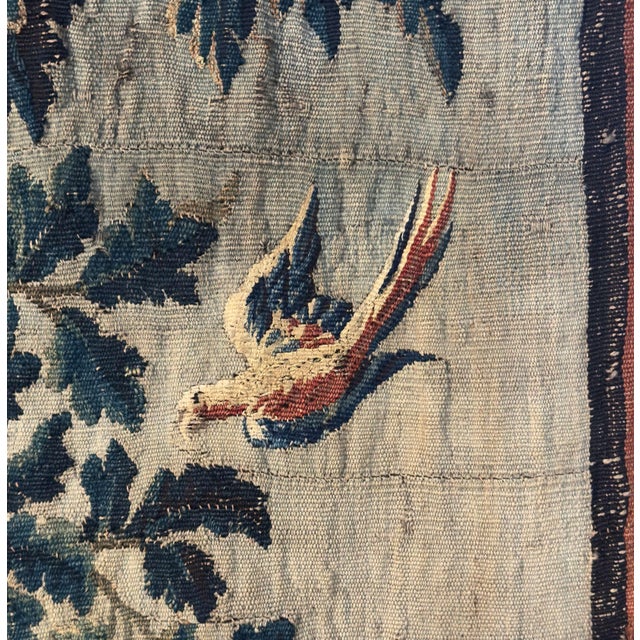 Brick Red 18th C. French Aubusson Verdure Tapestry With Exotic Bird and Floral Border For Sale - Image 8 of 9