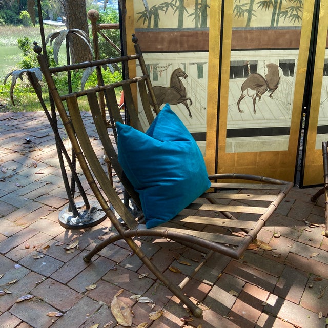 Mid-Century Modern MCM Faux Bamboo Lounge Chair and Ottoman Owned by Famous Jockey For Sale - Image 3 of 12