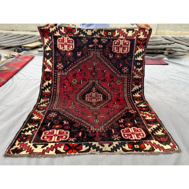 Red 4'0" X 5'1" Antique Hand-Knotted Rug Low Pile Caucasian Tribal Rug For Sale - Image 8 of 10