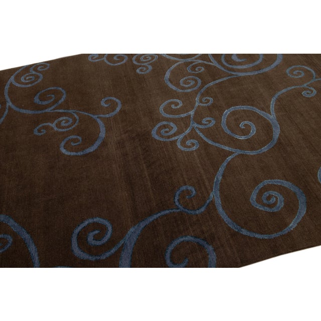 2010s Brown Modern Shakti Wool & Silk Tibetan Rug With Scroll Design For Sale In New York - Image 6 of 7