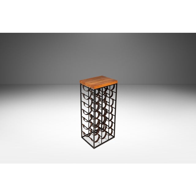 Arthur Umanoff Mid-Century Modern 21 Bottle Wine Rack in Leather & Wrought Iron W/ Butcher Block Top Attributed to Arthur Umanoff, Usa, C. 1960s For Sale - Image 4 of 18