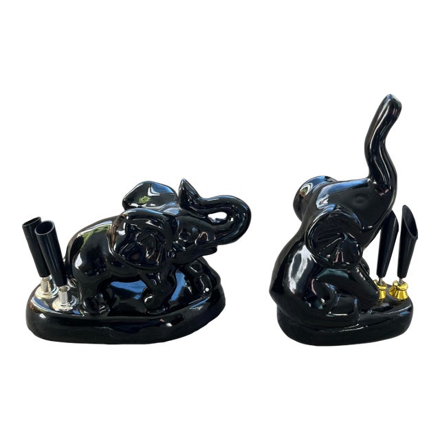 Mid-Century Ceramic Black Elephant Pen Holders-Set of 2 For Sale