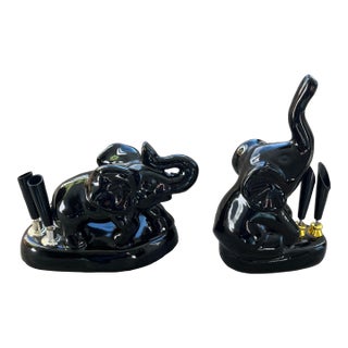Vintage Mid-Century Ceramic Black Elephant Pen Holders-Set of 2 For Sale