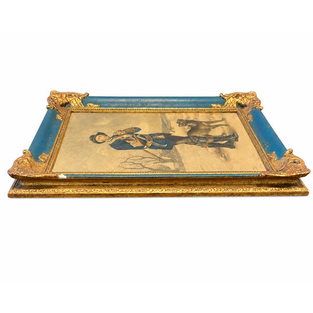 Late 19th Century French Blue & Gilt Ormolu-Mounted Picture Frame With Hunter Print For Sale - Image 4 of 7