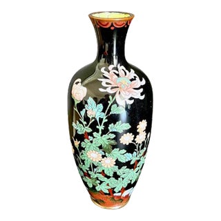 Vintage Black Enamel Cloisonné Vase, Chrysanthemums Design For Sale