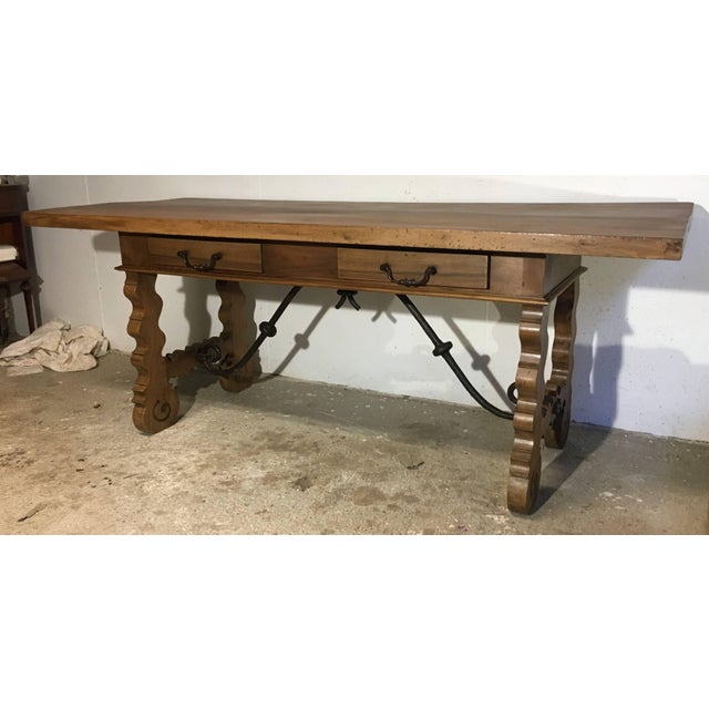 Wood 18th Century Baroque Farm Refectory Desk Table With Two Drawers & Stretchers For Sale - Image 7 of 13