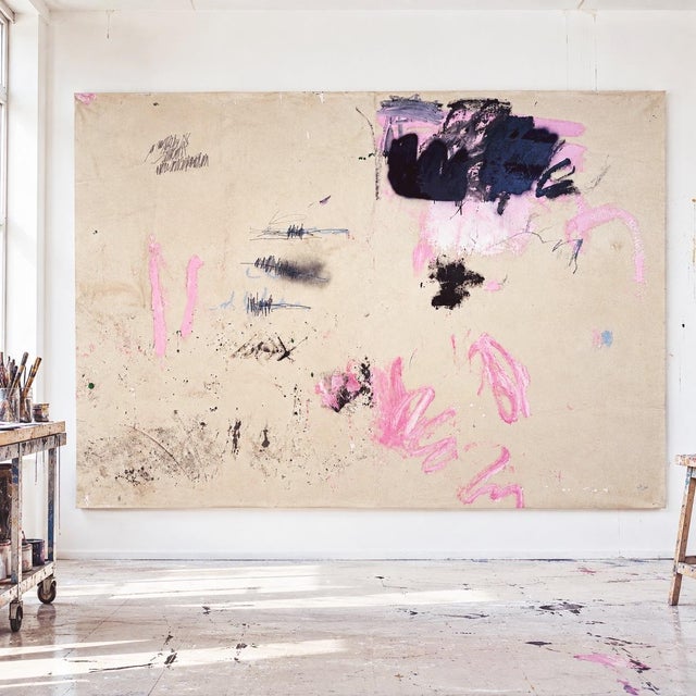 Contemporary Abstract Acrylics, Oil, Spray Paint on Vintage Linen "All the Rooms We Left Unfinished" by Manuela Karin Knaut For Sale - Image 4 of 11