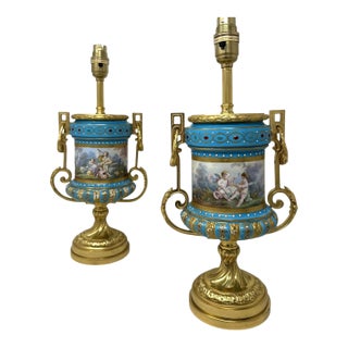 Late 19th Century Pair Antique French Sèvres Porcelain Ormolu Celeste Blue Jewell Table Urns Lamps For Sale