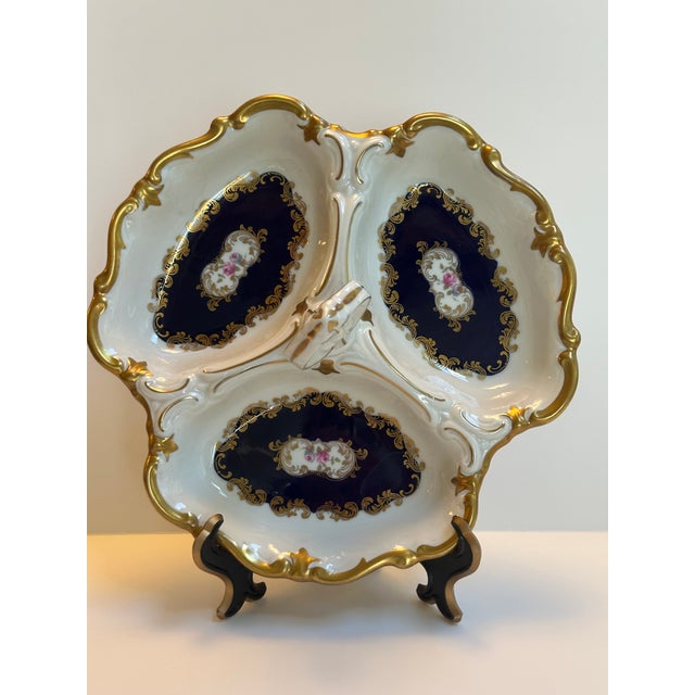 Vintage Reichenbach Germany d.r.echt Kobalt "German Roses" 1980s Three(3) Section Dish For Sale - Image 16 of 18