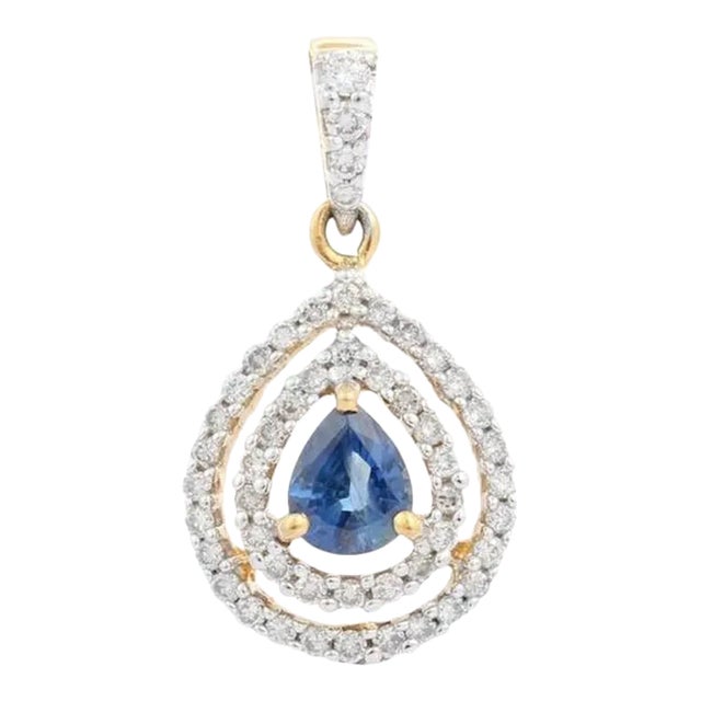 Art Deco 18k Yellow Gold Sapphire Pear Drop Pendant With Double Halo Diamond Setting For Sale - Image 3 of 11