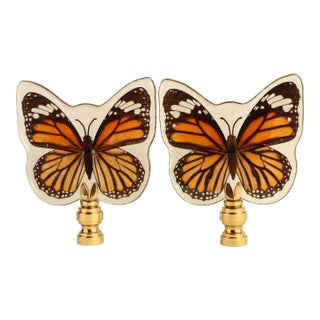 Butterfly Lamp Finials on Brass Hardware - a Pair For Sale