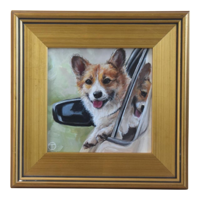 Corgi Dog Puppy Portrait Painting Including the Antiqued Gold Wood Frame For Sale
