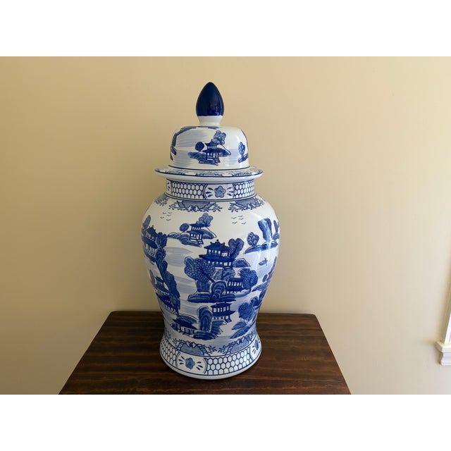 Monumental Blue and White Chinoiserie Porcelain Ginger Jar For Sale - Image 11 of 12