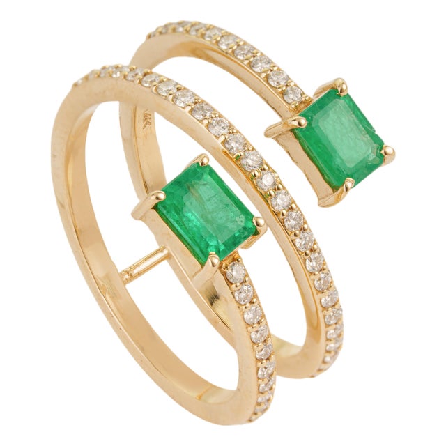 Mid 20th Style Spiral Wrap Emerald Diamond Multi Row Gold 14k Ring Size 8 For Sale
