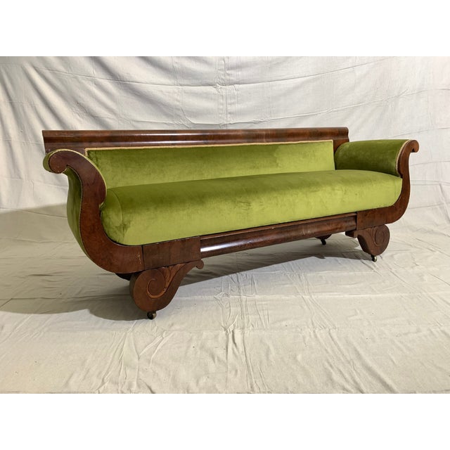 Traditional 19th Century Antique Mahogany Regency Settee in Chartreuse Velvet For Sale - Image 3 of 7
