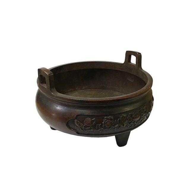 2010s Oriental Vintage Finish Metal Flower Motif Incense Burner Accent For Sale - Image 5 of 6