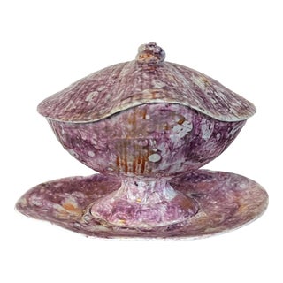 Antique Early 19th Century English George III Wedgwood Pink Moonlight Luster Sea Shell Sauce Tureen and Under Plate Circa 1810 For Sale