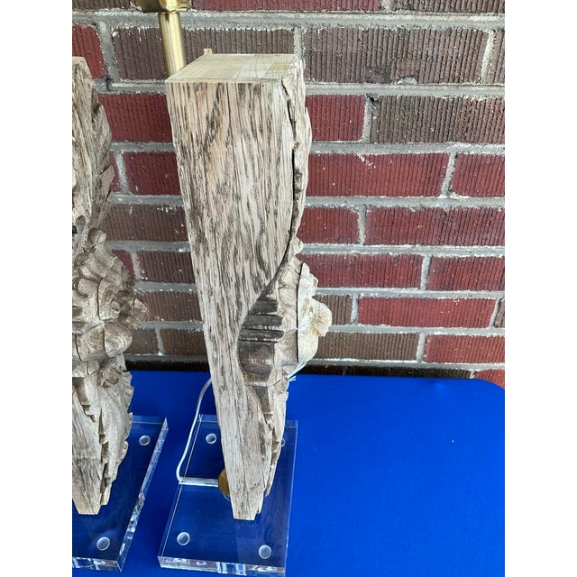 Cream Pair Antique Carved Oak Architectural Fragment Table Lamps W/ Lucite Bases For Sale - Image 8 of 12