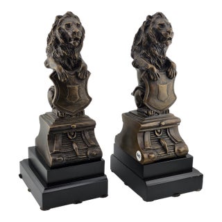 Rare Antique Pair of Victorian-Era Bronze Lion Rampart Bookends on Pedestal. For Sale